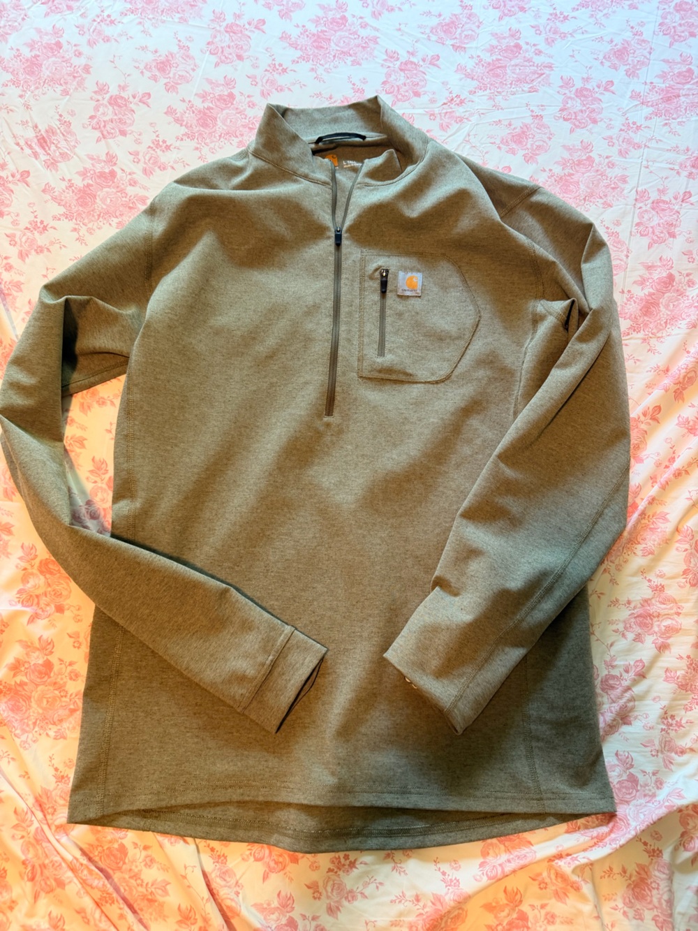 Carhartt Olive Green Pullover with Tan Logo Accent
